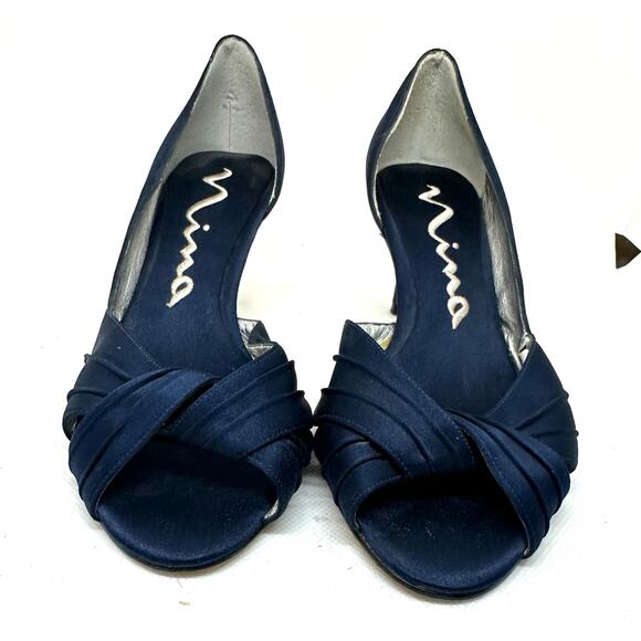 NINA Culver Satin Navy Asymmetric d'Orsay Cut Out Side Peep Dress Pump Heels 6.5 - Picture 3 of 9